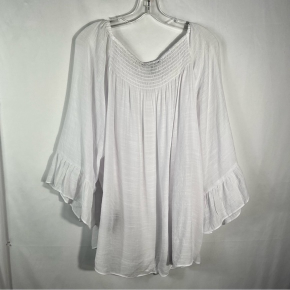 Zac & Rachel Women’s White Lightweight Gauze Smocked Neck Ruffle Sleeve Blouse - Picture 2 of 5